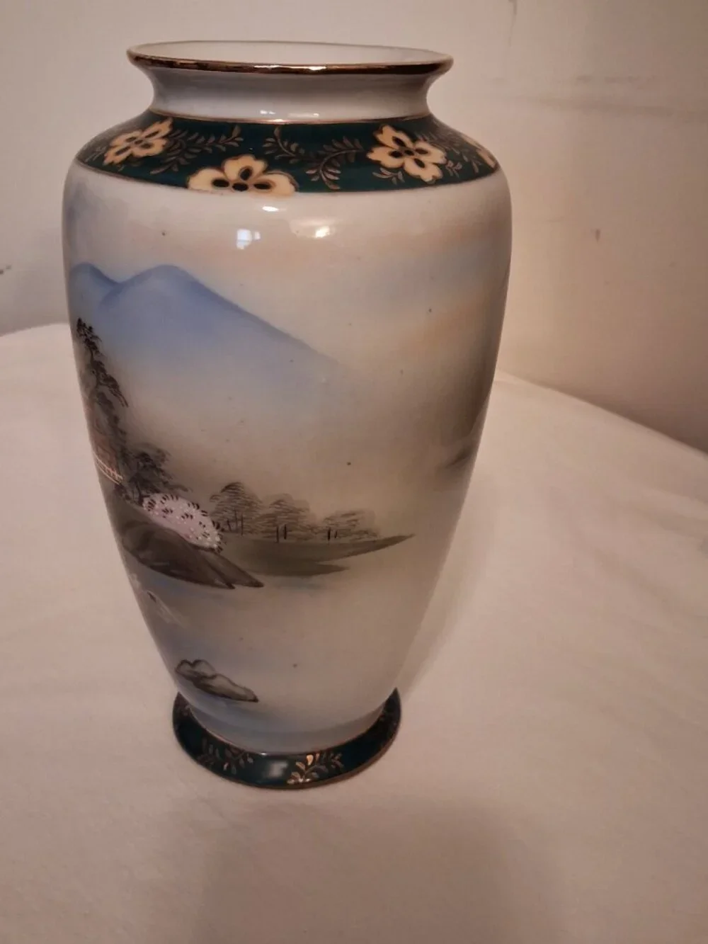 Vintage Hand-Painted Japanese Vase Pagoda & Cherry Blossom & Mountains Gold Trim